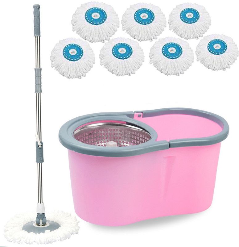 V-MOP Premium Pink Spin Bucket Mop With 8 Refills ( 6 Months Warranty on Rod ) Mop Set, Mop, Bucket, Mop Refill