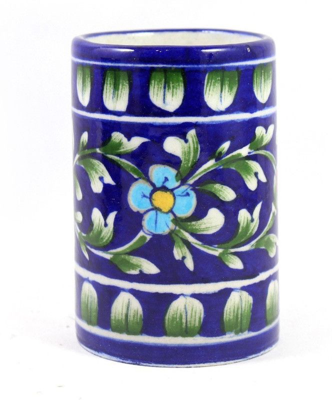 INDIA MEETS INDIA Blue Pottery Art Decorated Handmade Ceramic ToothBrush Holder Stand, ToothPaste Holder Stand, Desk Stationery Organizer Pen and Pencil Holder Stand - Dark Blue Ceramic Toothbrush Holder  (Blue, Wall Mount)
