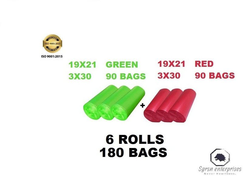 MJ Exim Combo pack 19X21 ( 3 red + 3 green) total 6 rolls Medium 13 L Garbage Bag  (180Bag )