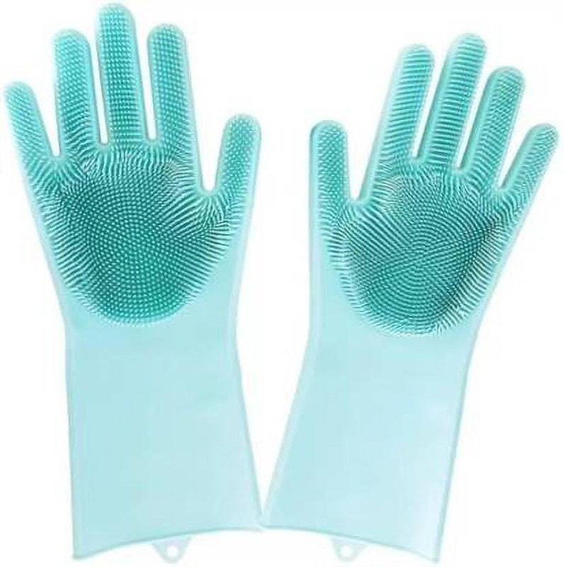 Shayona Silicone Kitchen Magic Gloves for Dishwashing Rubber Dish Washing with Brush Cleaning Scrubber Wet and Dry Glove Set  (Free Size Pack of 2)