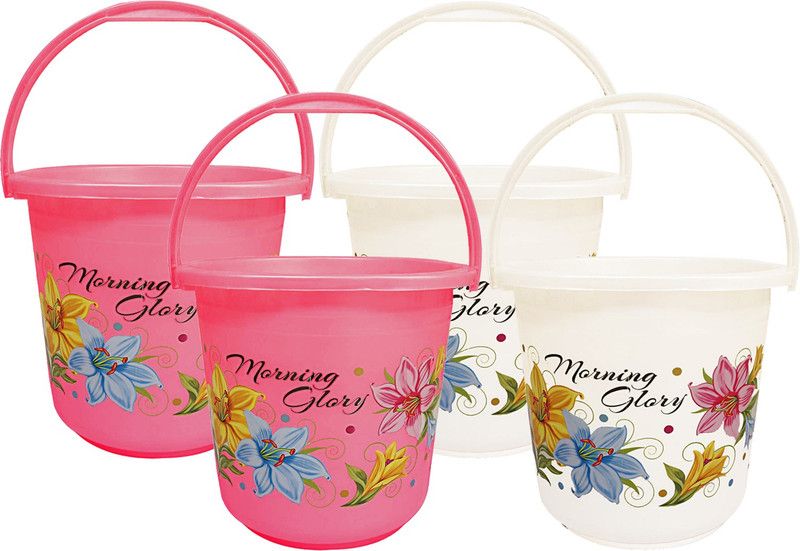 KUBER INDUSTRIES Floral Print 4 Pieces Unbreakable Strong Plastic Bathroom Bucket 16 Ltr (White & Pink) -CTKTC34881 16 L Plastic Bucket  (Multicolor)