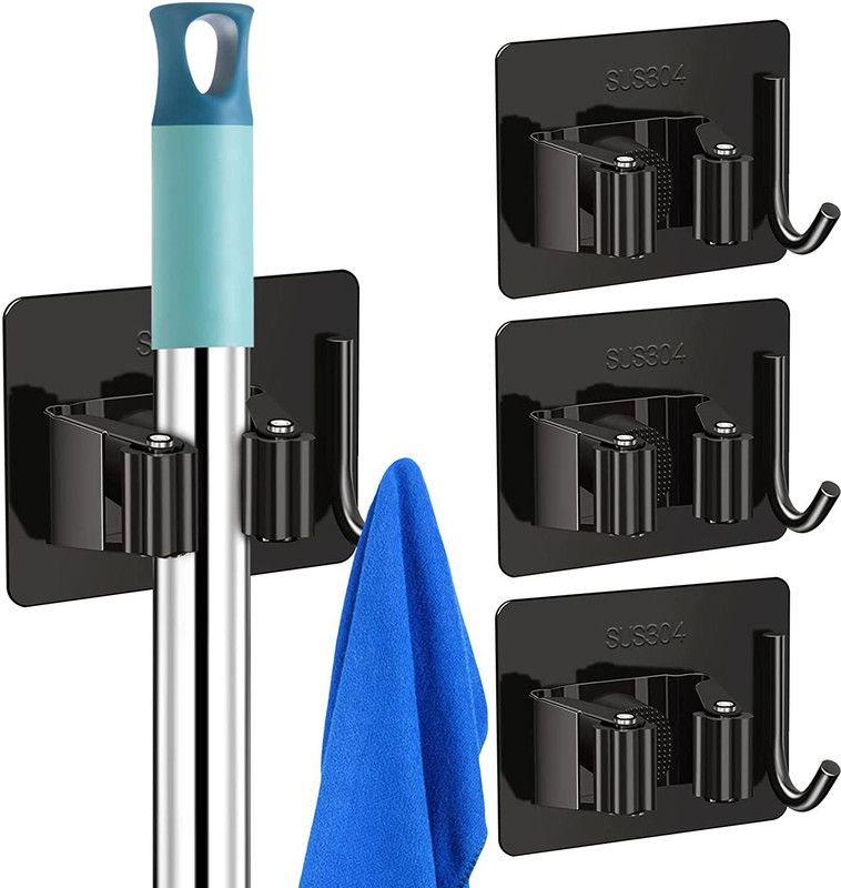 RENVA Black Stainless Steel Broom Holder  (2 Holders)
