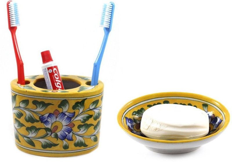 INDIA MEETS INDIA Ceramic Soap Dish Toothbrush Holder Bathroom Accessories Set Handicraft Ceramic Bathroom Set  (Pack of 2)