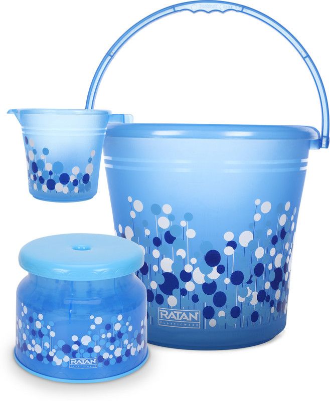 RATAN Frosty Bubble Print Blue Pack of 3 Bathroom Set (Bucket x 1, Mug x 1, Stool x 1) 16 L Plastic Bucket  (Blue)