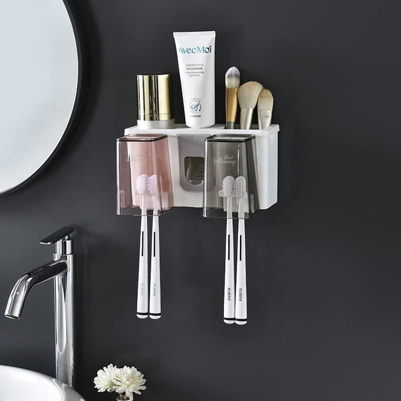 DRHIVE Toothbrush Holder with Automatic Toothpaste Dispenser, Multi Space Saving Toothbrush Organizer with 2 Cups,4 Brush Slots No Drill Need Plastic Toothbrush Holder  (Multicolor, Wall Mount)