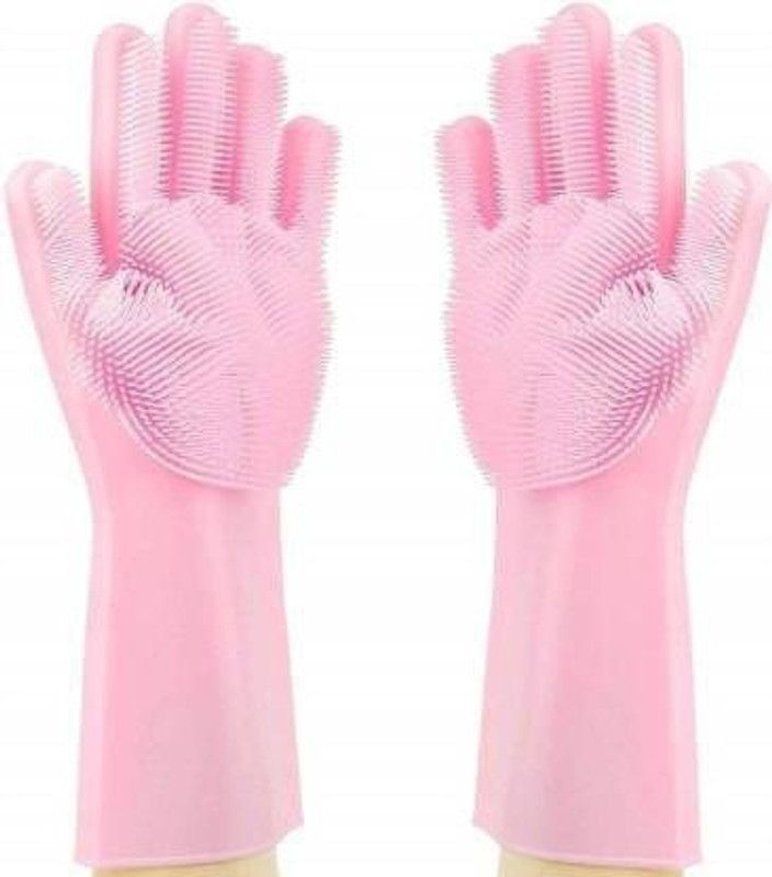 Kuisner Magic Silicone Dish Washing Scrubbing Cleaning, Scrub Cleaning with Scrubber Wet and Dry Glove Set  (Free Size Pack of 2)