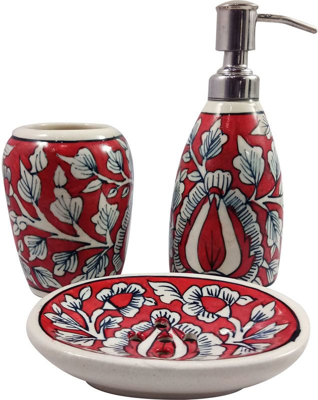 INDIA MEETS INDIA Handicraft Bathroom Accessories Set with Soap Dish Liquid Soap Dispenser and Toothbrush Holder (Red) Ceramic Bathroom Set  (Pack of 3)