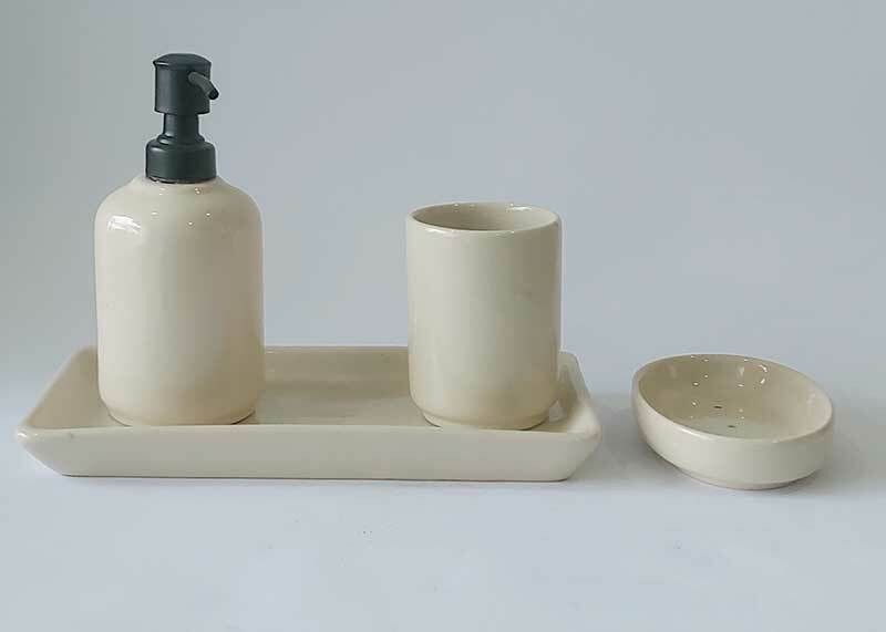 Grey Pottery Bathroom Accessory Set (Liquid Soap Dispenser, Toothbrush Holder, & Soap Tray) Bucket