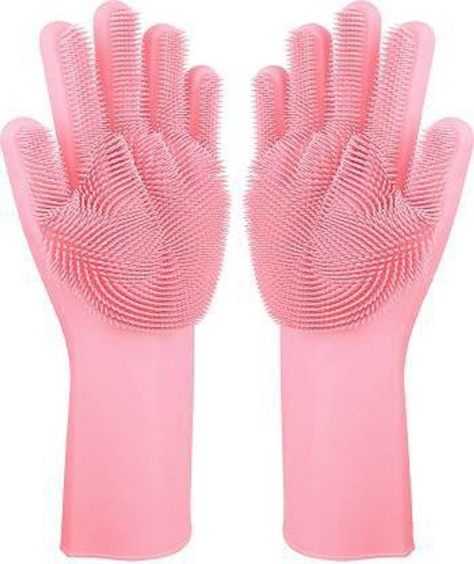 PATRANI FASHION  Magic Silicone Dish Washing Gloves, Silicon Cleaning Gloves, Silicon Hand Gloves for Kitchen Dishwashing and Pet Grooming, Great for Washing Dish, Car, Bathroom (pink, 1 Pair) Wet and Dry Glove Set  (Medium Pack of 2)
