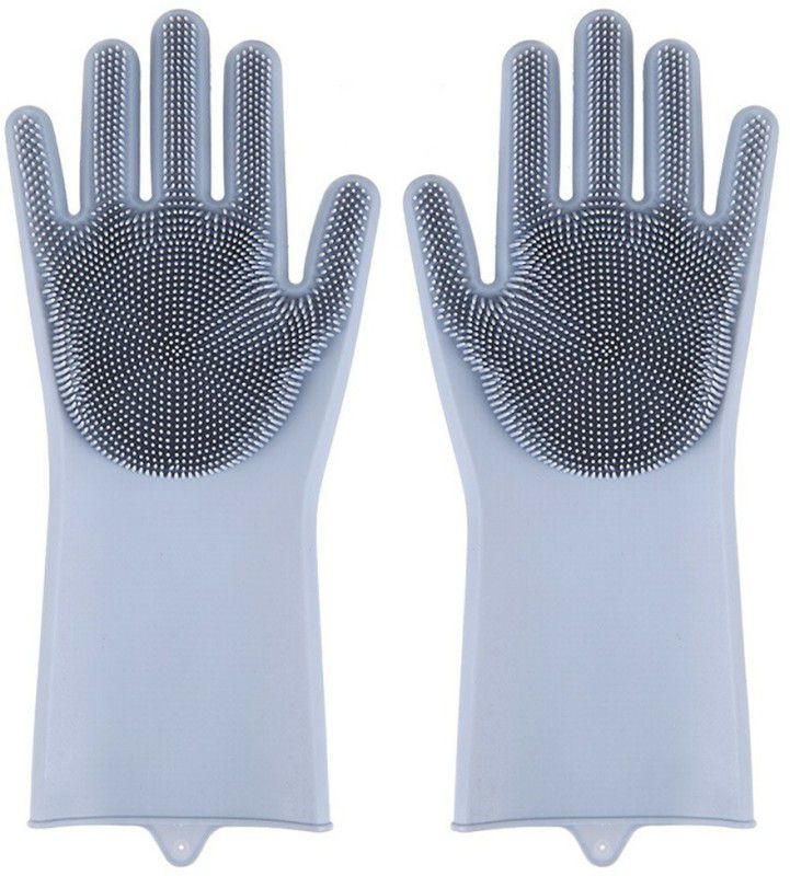 Zeom ®Silicone Dish Washing Gloves With Scrubber For Kitchen & Bathroom (CGG11,Grey) Wet and Dry Glove  (Free Size)