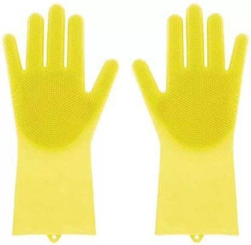 Appcloud Silicone Kitchen Magic Gloves for Kitchen Dishwashing Dish Car Wash Pet Bathroom Household Rubber Dish Washing with Brush Cleaning Scrubber Wet and Dry Glove  (Free Size)