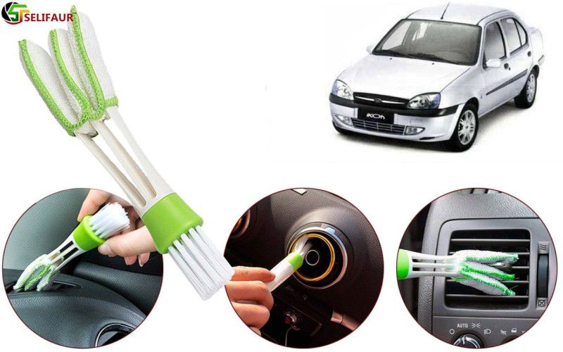 Selifaur T5D91 Multipurpose Microfiber Double Sided Car AC Window Cleaning Brush Ikon Microfibre, Plastic Wet and Dry Brush  (White, Green)