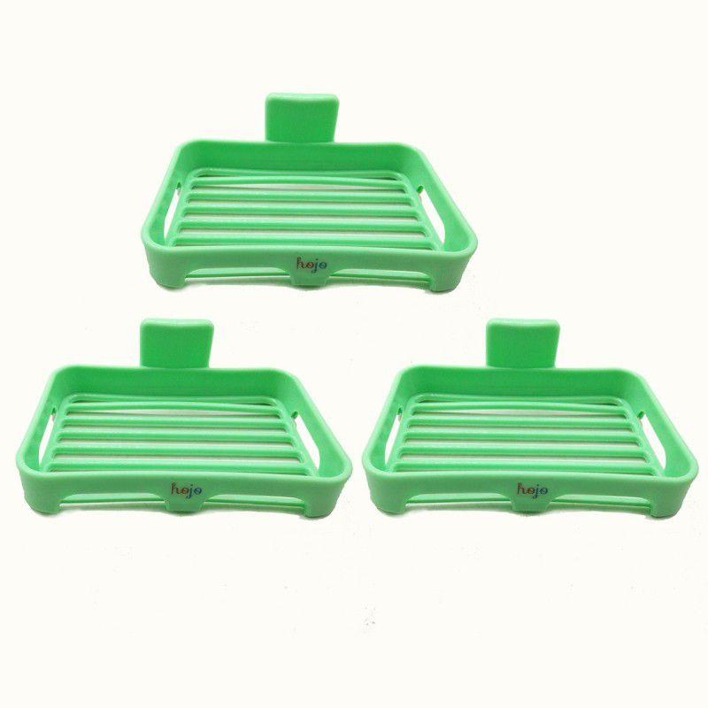 Hojo Soap Box Self Adhesive Traceless Waterproof Kitchen Bathroom Soap Holder Shelf Dish No Drilling Required Pack of 3 (Green)  (Green)