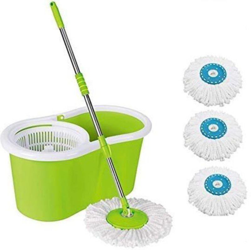 Diem Runwet 360° Spin Floor Mop And Bucket with Plastic Spinner_5 Microfiber Refill_Green Mop Set