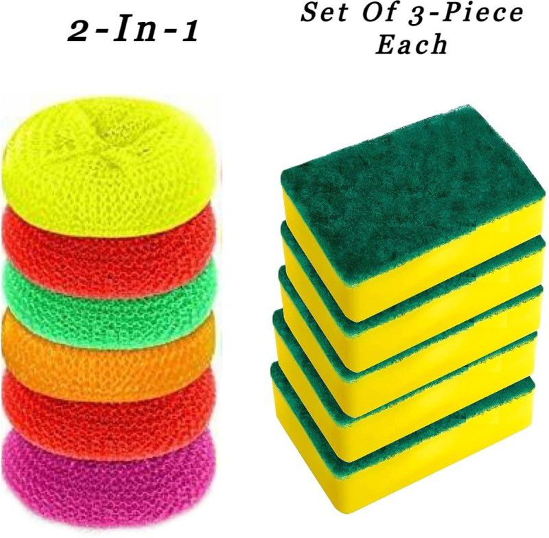 Yushuu Plastic Scrubber & Scrub Pad with Sponge 2 in 1 (6 pc combo) Scrub Pad  (Medium, Pack of 6)
