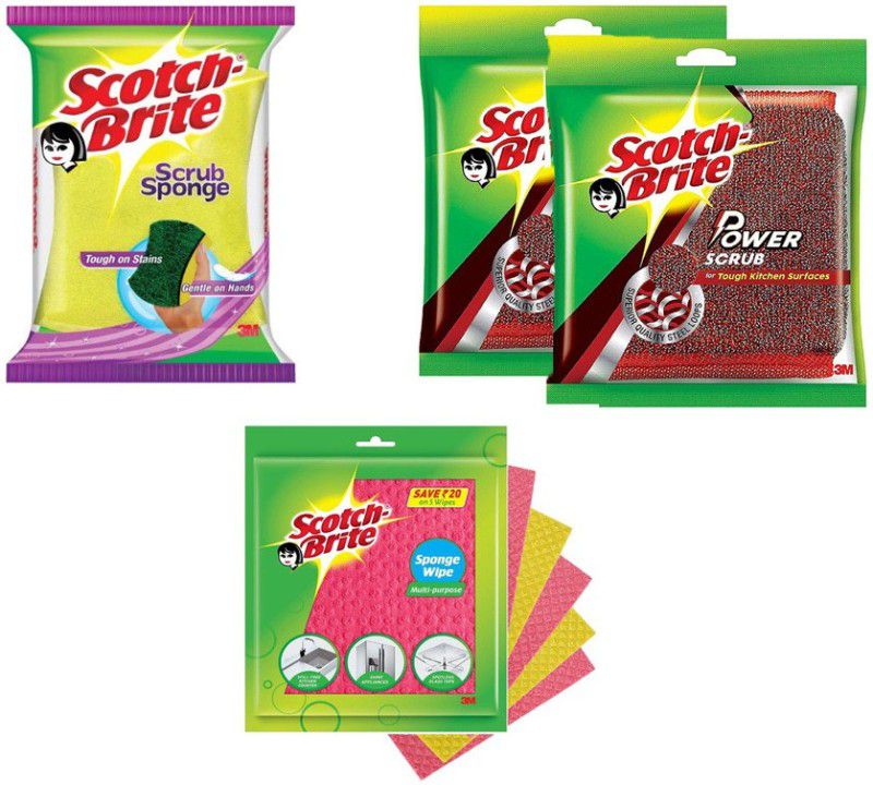 SCOTCH BRITE Combo of (Sponge Wipe Pack of 5 + Scrub Sponge Pack of 1 + Power Scrub Pack of 2) Scrub Sponge, Sponge Wipe, Scrub Pad  (Regular, Pack of 8)