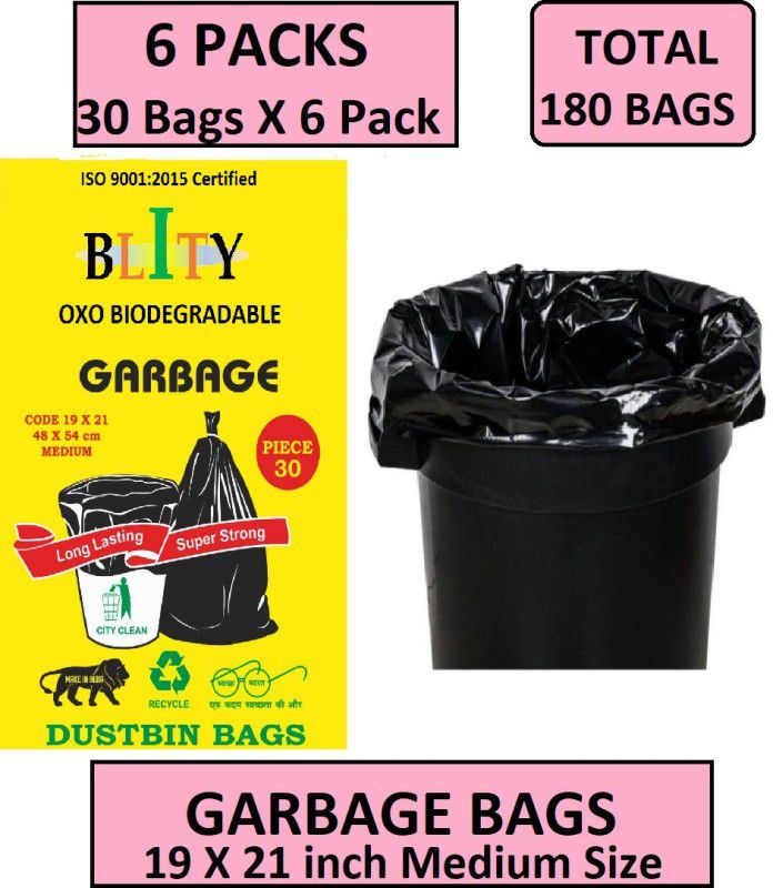 Blity Garbage Bags 180 Pcs Oxo Biodegradable 6 Packs of 30 Pcs 19 x 21 Medium Size Dustbin Bags and Covers Medium 15 L Garbage Bag  (180Bag )