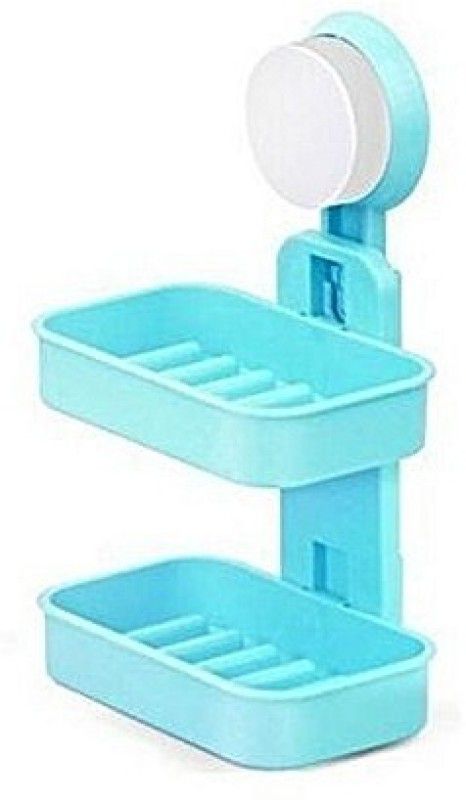 NMS TRADERS Plastic Double Layer Sucker Wall Mounted Soap Box with Flipped Idea Suction Cup Holder for Bathroom and Wash Basin, Soap Box with Suction Cup Holder Rack for Bathroom  (Blue)