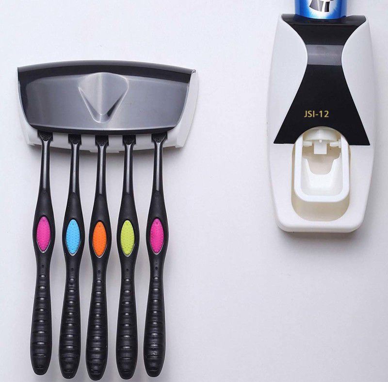 Misaki 5 Compartment Hands Free Toothpaste Dispenser Wall Mounted Plastic Toothbrush Holder  (Black, Wall Mount)