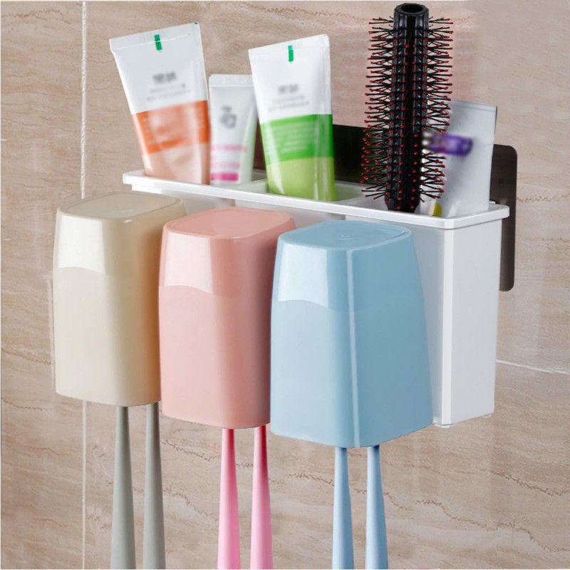 HOKiPO Self Adhesive Magic Sticker Anti-dust Toothbrush Holder with 3 Cups Plastic Toothbrush Holder  (Wall Mount)
