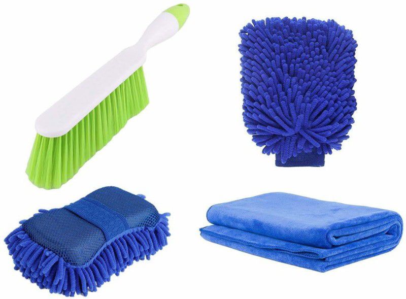 Aloud Creations Cleaning Brush; Microfiber Sponge; Microfiber Gloves and Cloth; Large Size Wet and Dry Duster Set  (Pack of 4)