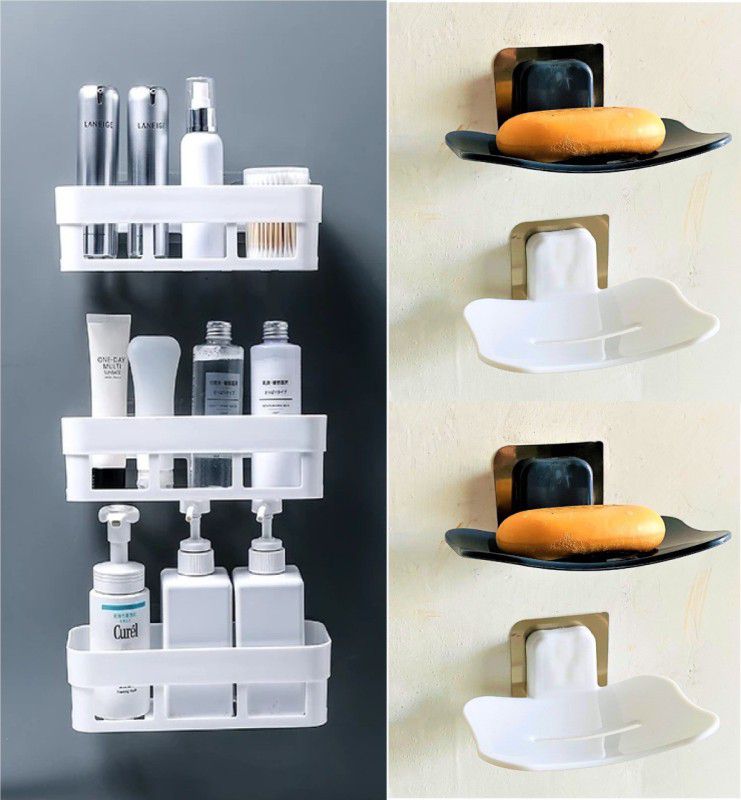 Qrex Round Curve Soap Stand And Bathroom Shelf With Adhesive Sticker Plastic Bathroom Set  (Pack of 7)