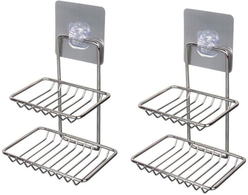 PRANIJ Pack of 2 Stainless Steel Wall Mounted Double Layer soap Dish Holder (Silver)  (Silver)
