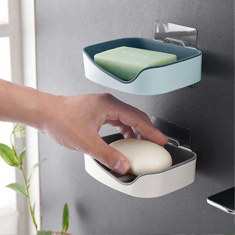 HFX 2 Pcs Multipurpose Sticker Wall Mounted Plastic Soap Holder & Dispenser  (Multicolor)