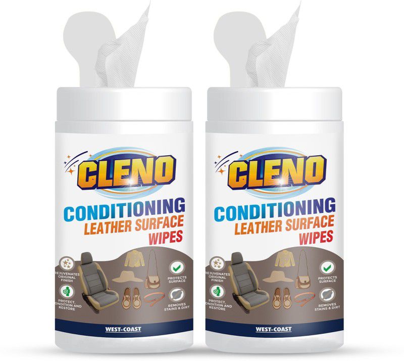 CLENO Conditioning Leather Surface Wet Wipes For Sofas/Bags/Leather Clothes/Car Seat/leather Interior/ Luggage/Briefcases/ Shoes / Handbags Restores polish & Gives Shine - 50 Wipes (Pack of 2) (Ready to Use) Wipes  (White)