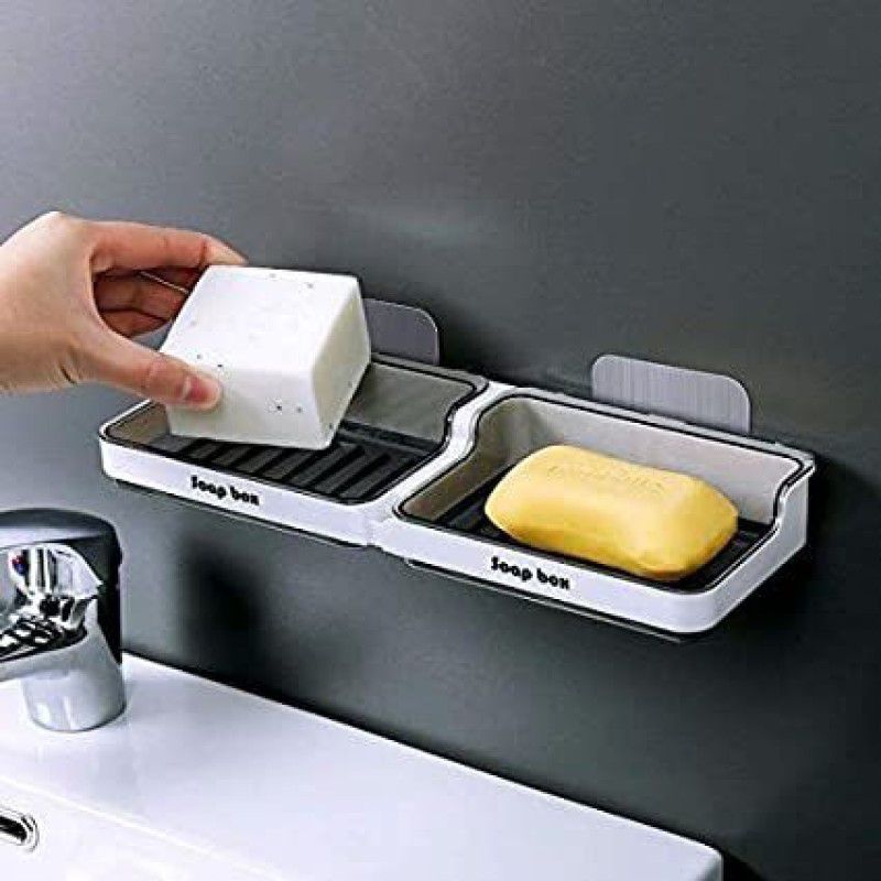 Semito Wall Mounted Self-Adhesive Waterproof 2 Soap Holder for Bathroom and Kitchen  (White And Gray)