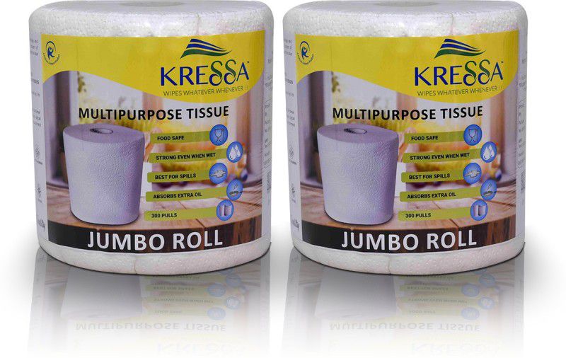 KRESSA Jumbo Multipurpose Paper Tissue Roll | Kitchen Roll 2 Rolls Total 600 Sheets 2 Ply 100% Natural Virgin Pulp  (2 Ply, 600 Sheets)