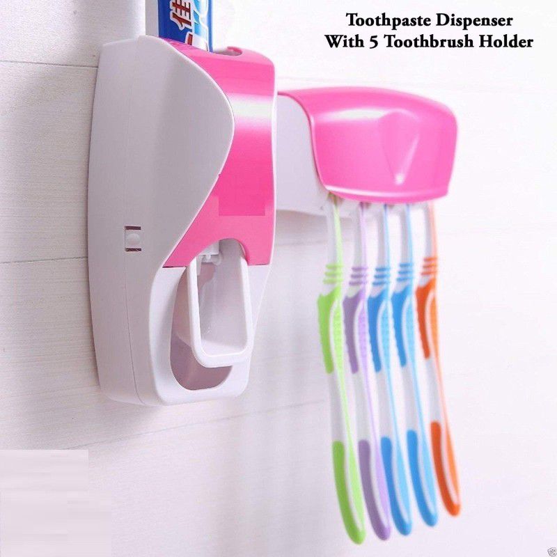 TOPHAVEN NEW Automatic Toothpaste Dispenser With 5 Toothbrush Holder Set Plastic Toothbrush Holder (Pink, Wall Mount) Plastic Toothbrush Holder  (Pink, Wall Mount)