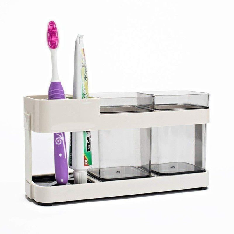 MFORALL 2 Cups Toothbrush Toothpaste Stand Holder Storage Organizer - (Pack of 1) Plastic Toothbrush Holder  (Multicolor)