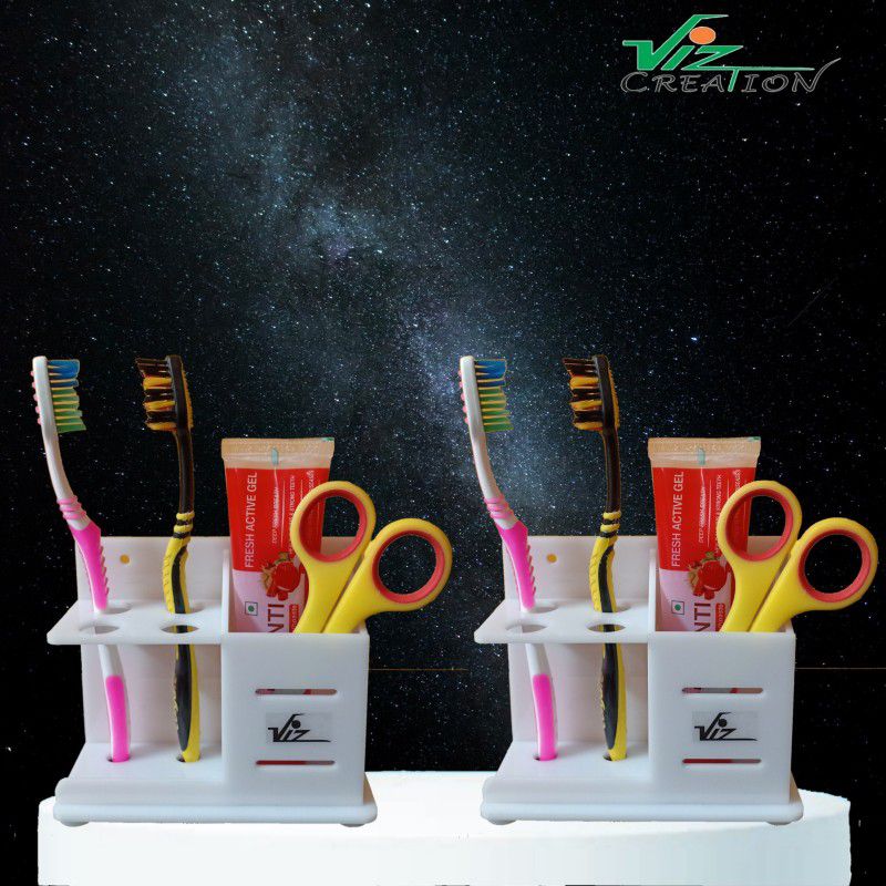 Viz Creation Beautiful Bathroom Acrylic Toothbrush-Tongue Cleaner-Toothpaste holder with Wall Mounted & Counter top Design Acrylic Toothbrush Holder 2 PC. Acrylic Toothbrush Holder  (White, Wall Mount)