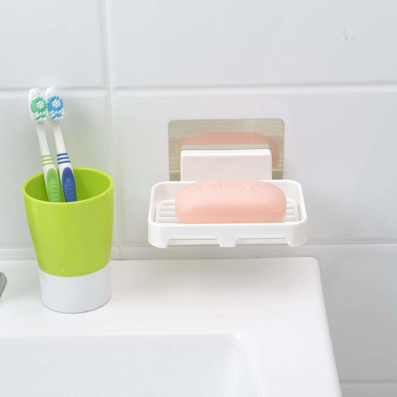 SHOPITECH Pack OF 2 PCS Soap Dish+ Bathroom Shelf Rack +Plastic Wall Shelf Plastic Toothbrush Holder  (White, Wall Mount)