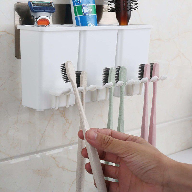 touaretails Wall Mounted Plastic Toothbrush Combination Holder with 3 Slot for Keeping Cream, Lotion, Shampoo with 6 Toothbrush Holder, White Plastic Toothbrush Holder  (Wall Mount)