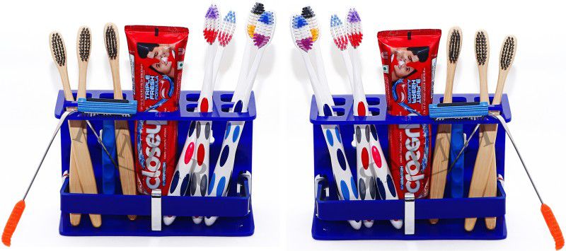 PLNJAR 2 Toothbrush Holder Acrylic Wall Stand Bathroom Organizer Storage Cutlery Holder Acrylic Toothbrush Holder  (Blue, Wall Mount)