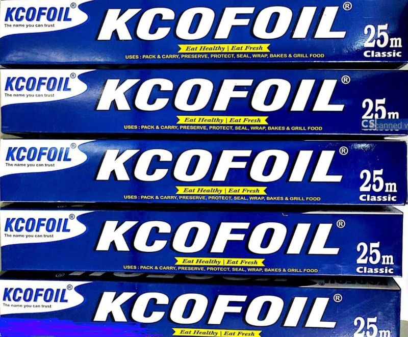 Kcofoil KCO Foil 25m Aluminium Silver Kitchen Foil Roll Paper Pack of 5, 11 Micron Thick, Food wrap, Bacteria Resistant, Disposable, Food Parcel, Hookah, Fresh Food Aluminium Foil  (Pack of 5, 125 m)