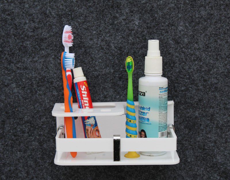 HEXA GOLD High Grade Acrylic Deluxe Toothbrush Stand With Bottle Holder/Tumbler Holder/Brush & Paste Holder With Bottle Shelf Rack Holder (1 Pcs., White) Acrylic Toothbrush Holder  (White, Wall Mount)