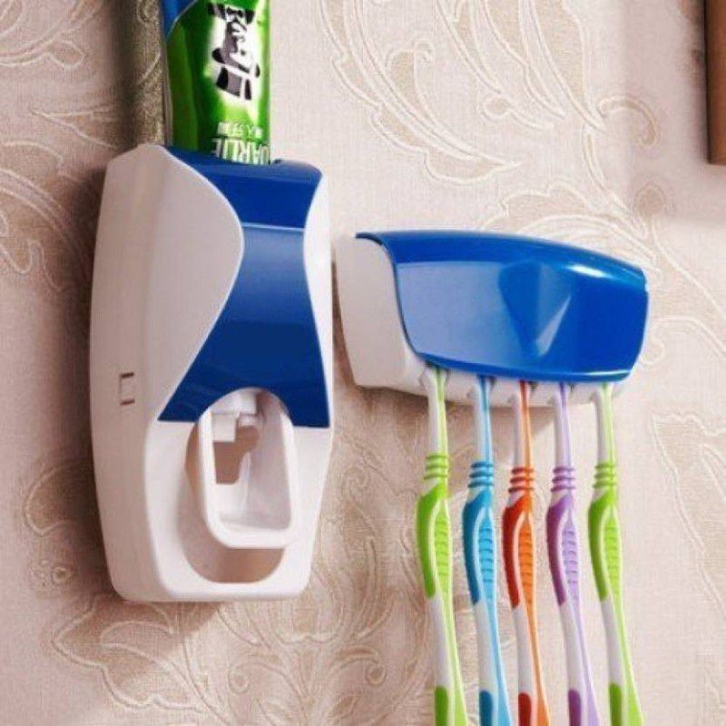 SAJ Automatic Toothpaste Dispenser and 5 Toothbrush Holder for Home Bathroom Plastic Toothbrush Holder  (Multicolor, Wall Mount)