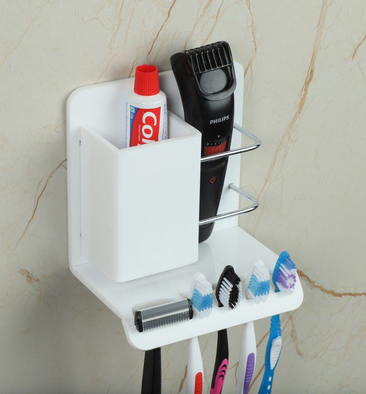 Flaner ToothBrush Caddy Holder/Toothpaste Stand/Tongue Cleaner Shaving Kit for bathroom Acrylic Toothbrush Holder  (White, Wall Mount)