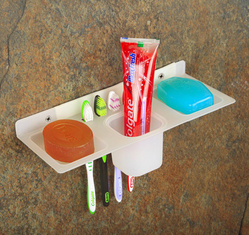 4 in 1 (2 Soap case/Toothbrush holder/Paste holder) (CLEAR, WHITE) Plastic Toothbrush Holder  (White, Wall Mount)