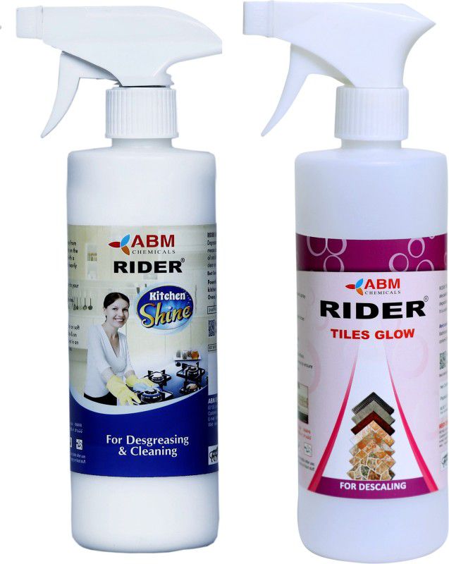 RIDER KITCHEN SHINE for degreasing and cleaning of Gas Stove , Kitchen Cabinet, Kitchen Sink and TILES GLOW for hard water marks, lime scale deposits and tough stains for all types Ceramic Tiles, Combo 500 ML Spray X 2  (1000 ml)