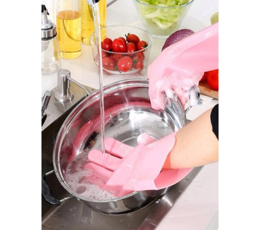 1 Pair Silicone Dishwashing Scrubber Dish Washing Sponge Rubber Kitchen Cleaning Gloves