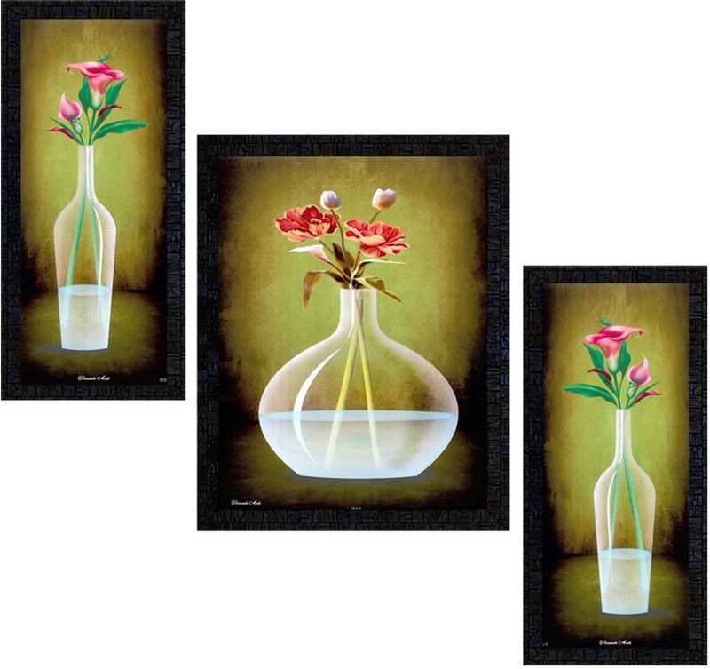 pnf Set Of 3 Floral Flower framed-0634- Digital Reprint 13.5 inch x 10.5 inch Painting  (With Frame, Pack of 3)