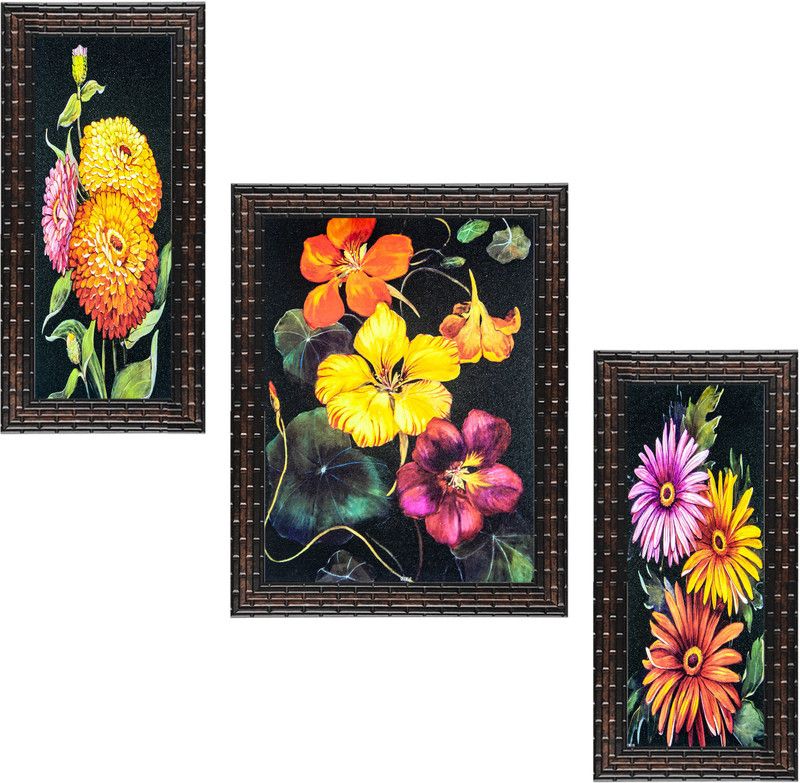 Indianara Set of 3 Multicolored Flowers Framed Art Painting (2951GB) without glass (6 X 13, 10.2 X 13, 6 X 13 INCH) Digital Reprint 13 inch x 10.2 inch Painting  (With Frame, Pack of 3)