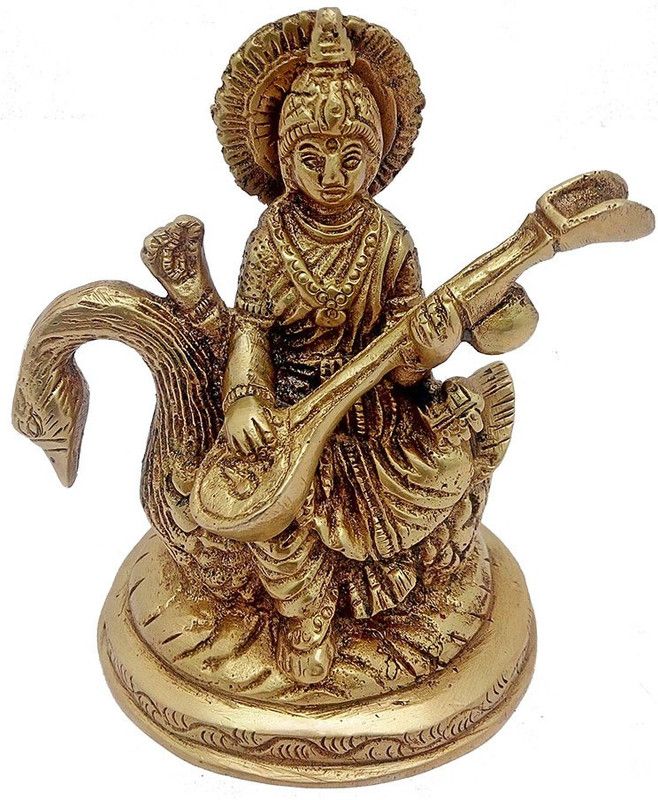 ART N HUB Goddess Maa Saraswati / Study Devi Idol Statue - Golden Finish Home Decorative Handicraft Spiritual Vastu Figurine for Mandir Gift Items Decorative Showpiece - 11 cm  (Brass, Yellow)
