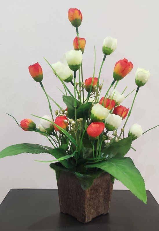 BK Mart Imported Orange and White Rose Flower For home Shop Office - 10 Flower Sticks Orange, White Rose Artificial Flower with Pot  (12 inch, Pack of 30, Flower with Basket)