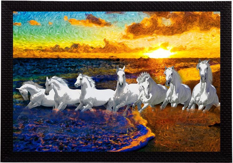 eCraftIndia 7 Lucky Running Horses Satin Matt Textured UV Art Ink 10 inch x 14 inch Painting  (With Frame)