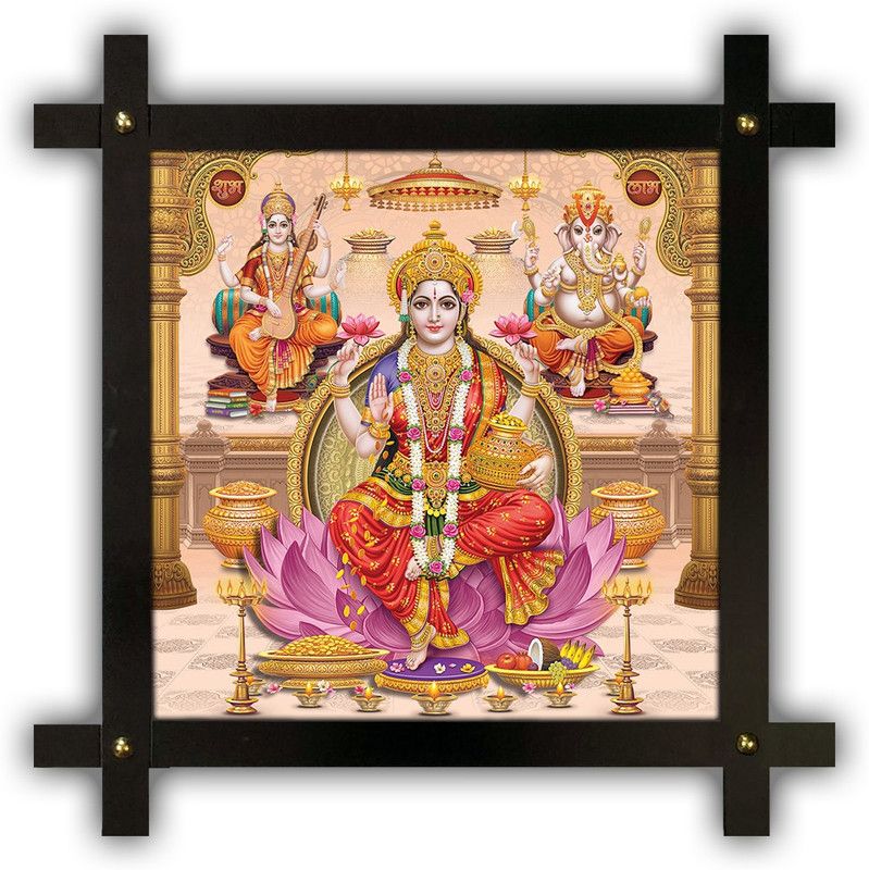 Poster N Frames Cross Wooden Frame Hand-Crafted with photo of Diwali Puja (laxmiji, Ganeshji,Saraswatiji) 20655-crossframe Digital Reprint 16.5 inch x 16.5 inch Painting  (With Frame)